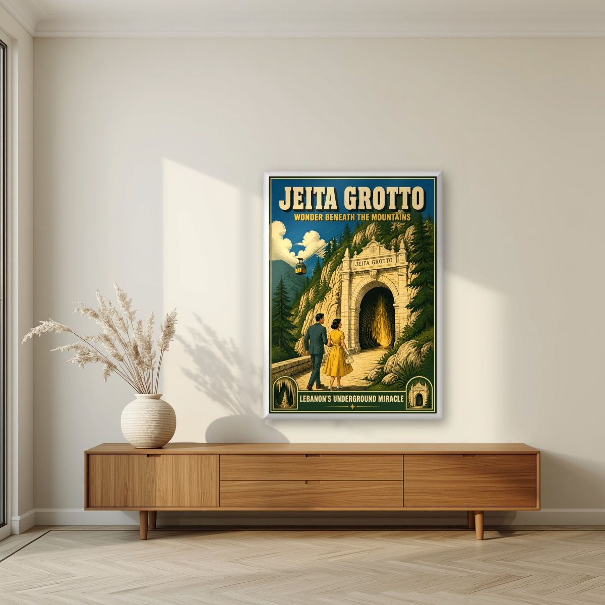 Bab al-Maghara — Jeita Grotto art print, in a white frame, styled in a living room