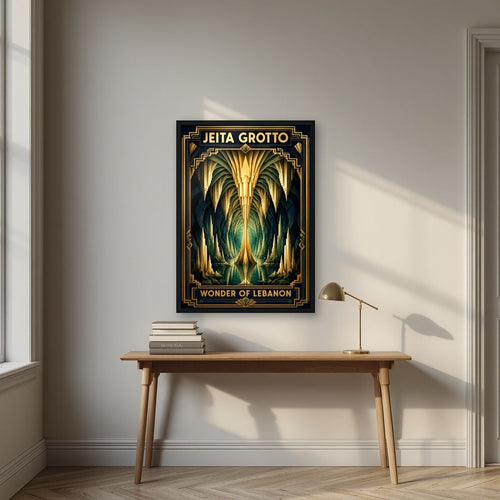 Cathedral of Stone — Jeita Grotto art print, in a black frame, styled in a desk