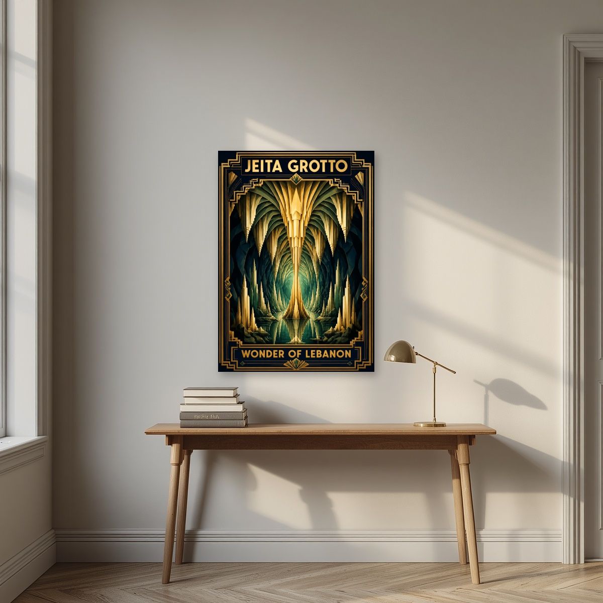 Cathedral of Stone — Jeita Grotto art print, unframed poster, styled in a desk