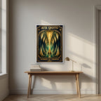 Cathedral of Stone — Jeita Grotto art print, in a white frame, styled in a desk