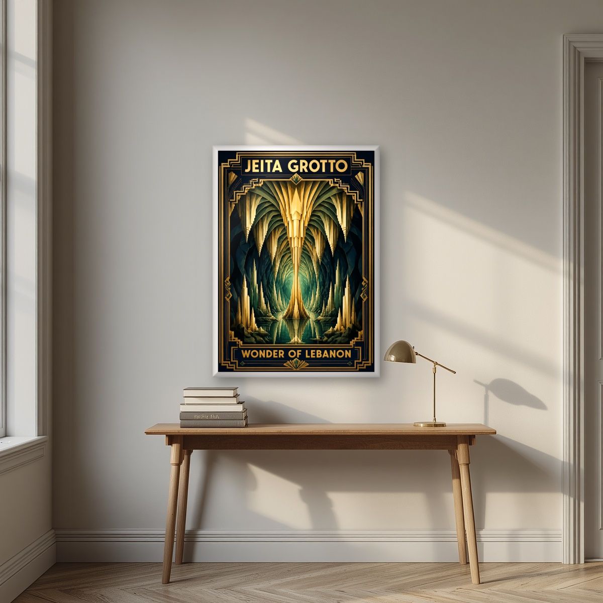 Cathedral of Stone — Jeita Grotto art print, in a white frame, styled in a desk