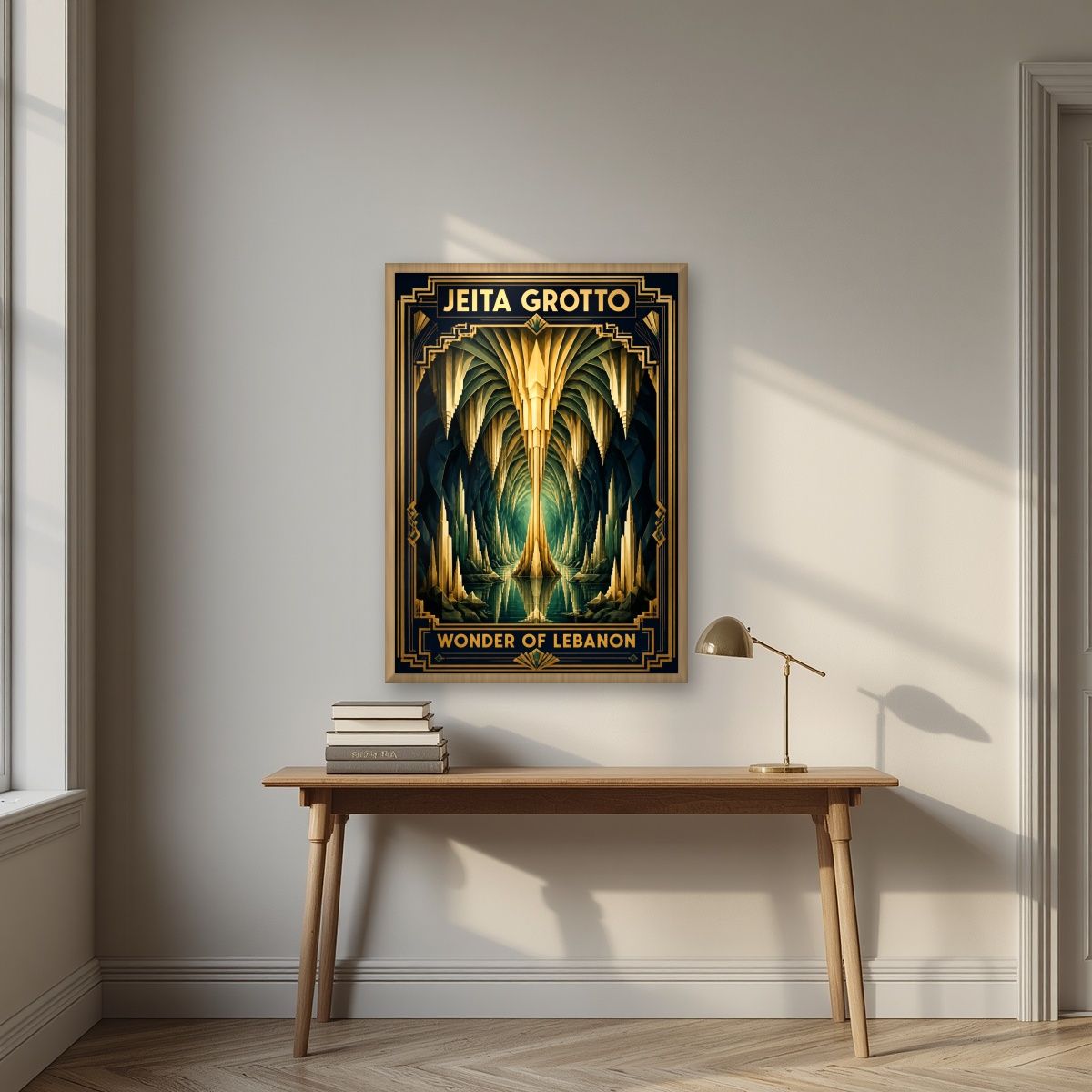 Cathedral of Stone — Jeita Grotto art print, in an oak frame, styled in a desk