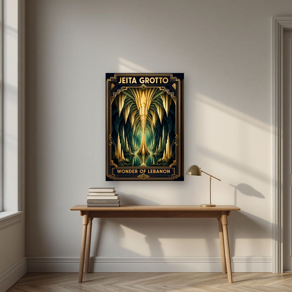Cathedral of Stone — Jeita Grotto art print, on slim canvas, styled in a desk