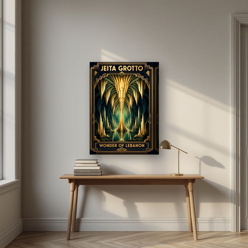 Cathedral of Stone — Jeita Grotto art print, on thick canvas, styled in a desk
