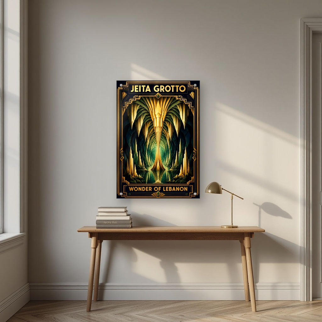 Cathedral of Stone — Jeita Grotto art print, as an acrylic print, styled in a desk