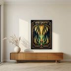 Cathedral of Stone — Jeita Grotto art print, in a black frame, styled in a living room
