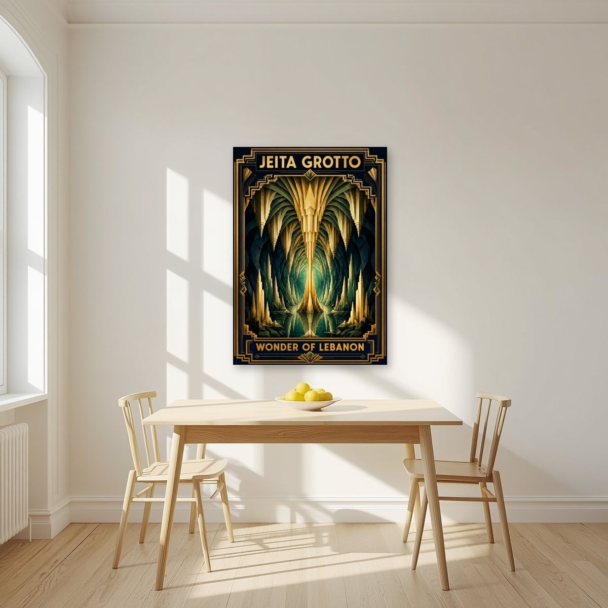 Cathedral of Stone — Jeita Grotto art print, unframed poster, styled in a kitchen