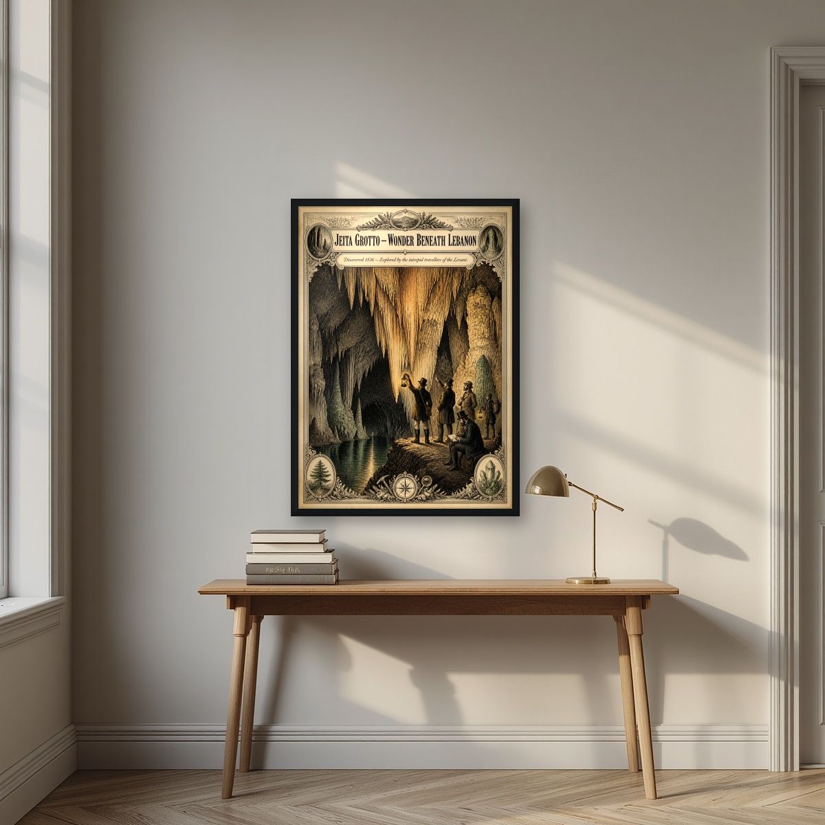 Iktishaf 1836 — Jeita Grotto art print, in a black frame, styled in a desk