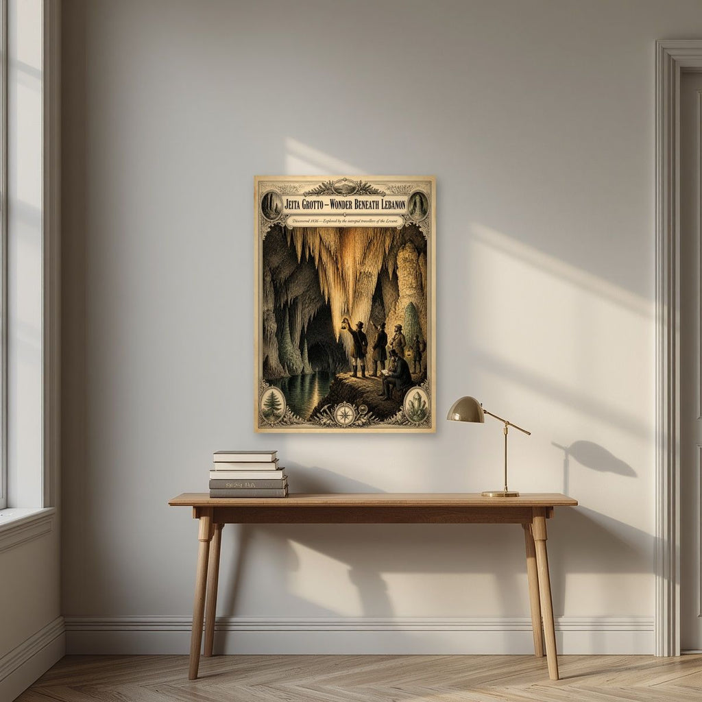 Iktishaf 1836 — Jeita Grotto art print, unframed poster, styled in a desk