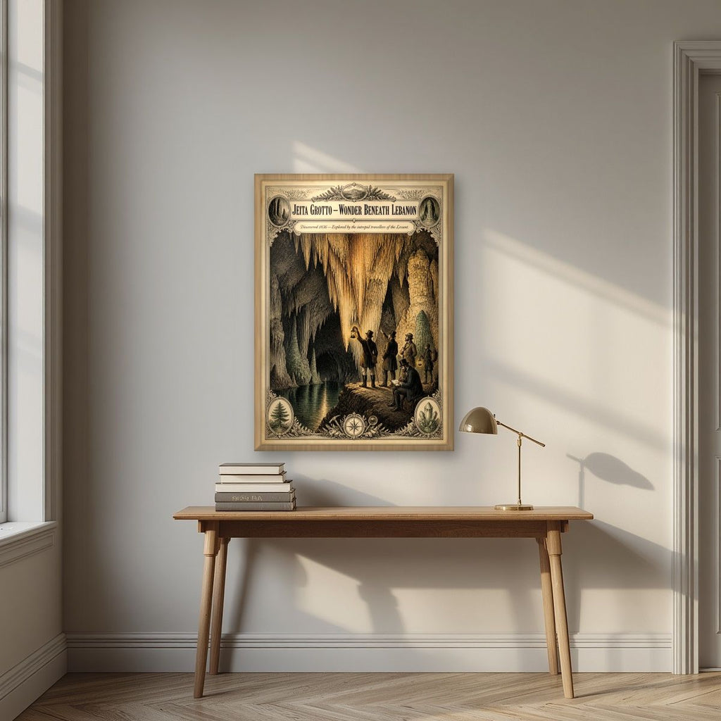 Iktishaf 1836 — Jeita Grotto art print, in an oak frame, styled in a desk