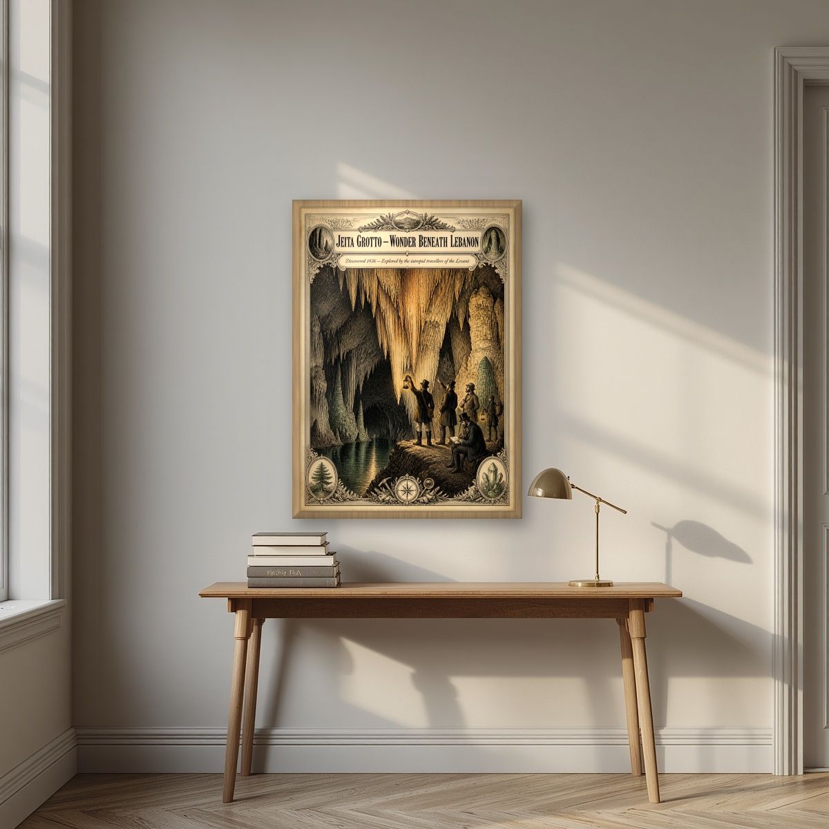 Iktishaf 1836 — Jeita Grotto art print, in an oak frame, styled in a desk