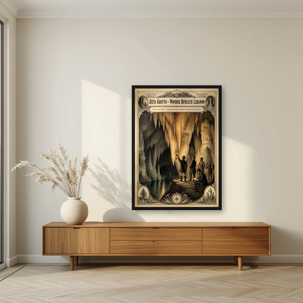 Iktishaf 1836 — Jeita Grotto art print, in a black frame, styled in a living room