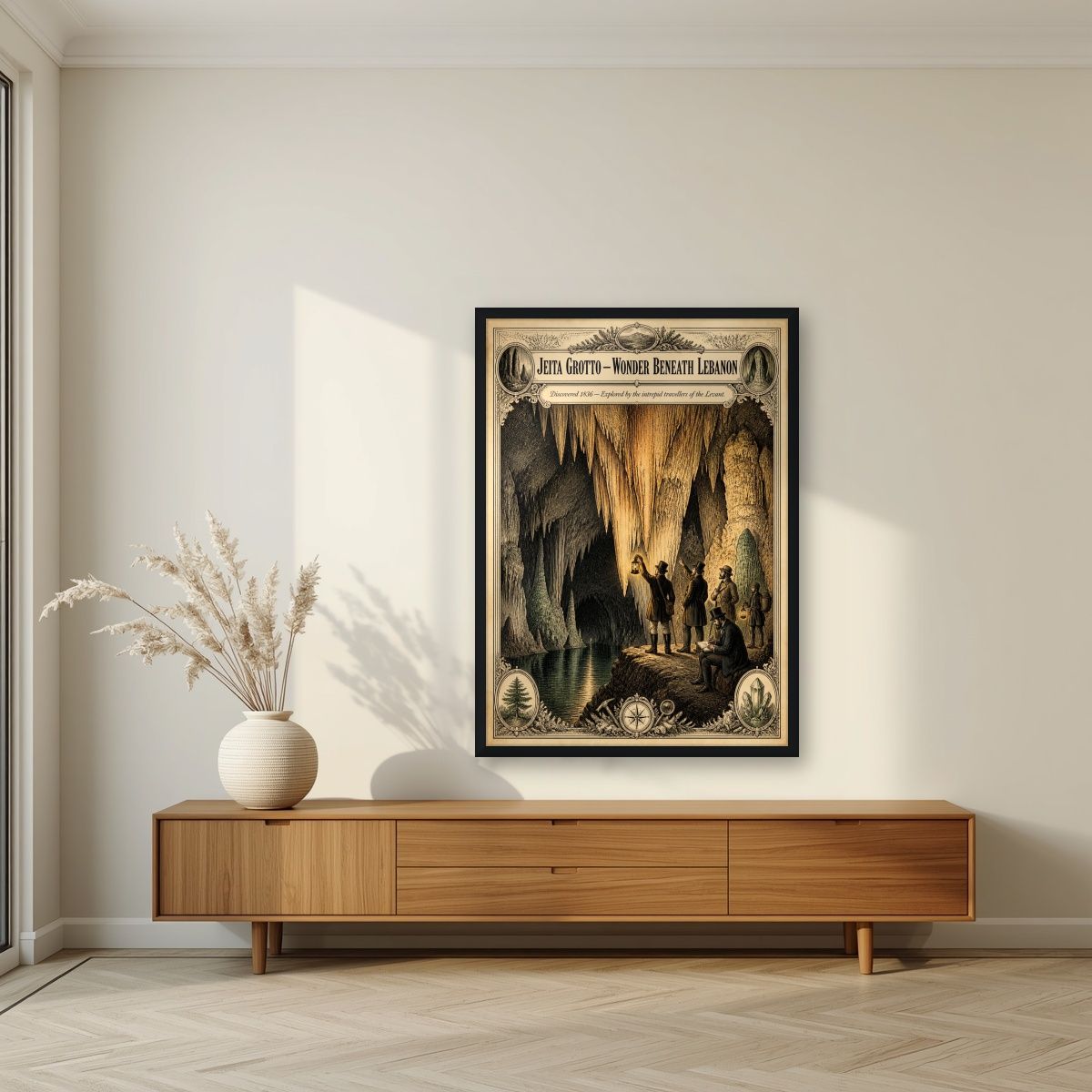 Iktishaf 1836 — Jeita Grotto art print, in a black frame, styled in a living room