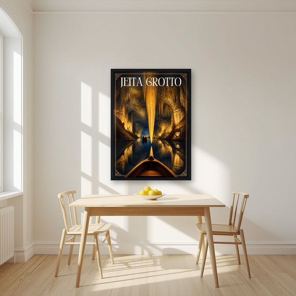 Mirror of the Deep — Jeita Grotto art print, in a black frame, styled in a kitchen