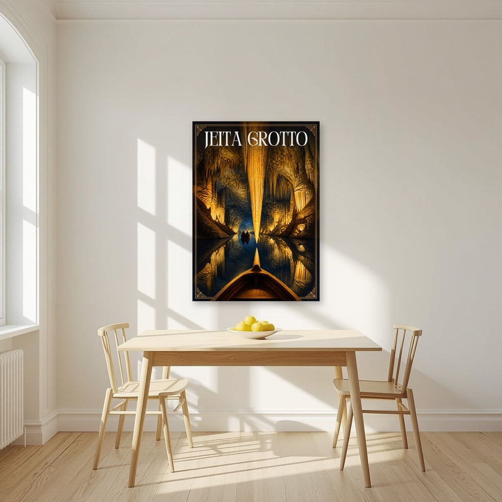 Mirror of the Deep — Jeita Grotto art print, unframed poster, styled in a kitchen