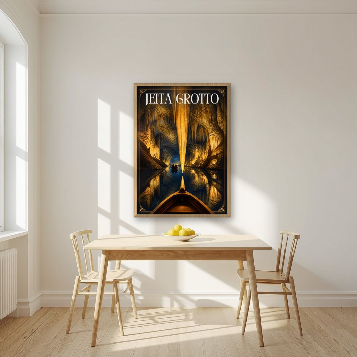 Mirror of the Deep — Jeita Grotto art print, in an oak frame, styled in a kitchen