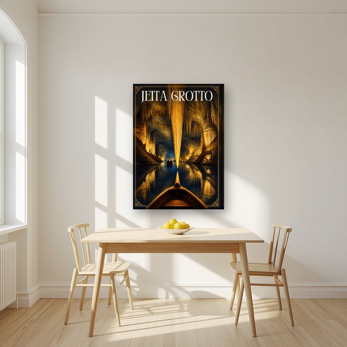 Mirror of the Deep — Jeita Grotto art print, on slim canvas, styled in a kitchen
