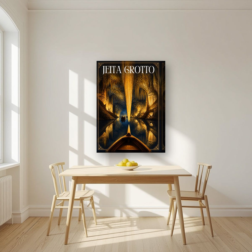 Mirror of the Deep — Jeita Grotto art print, on thick canvas, styled in a kitchen
