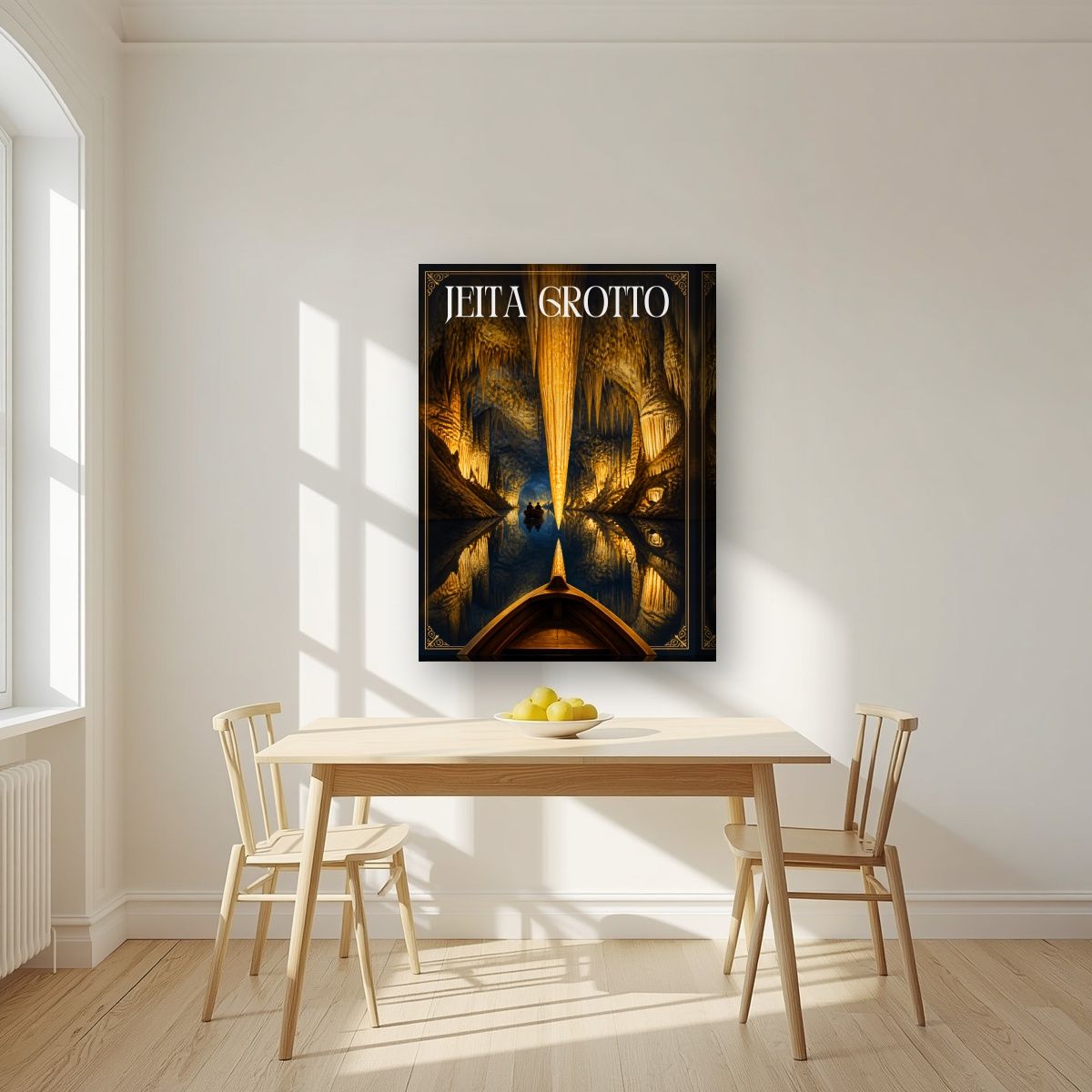 Mirror of the Deep — Jeita Grotto art print, on thick canvas, styled in a kitchen