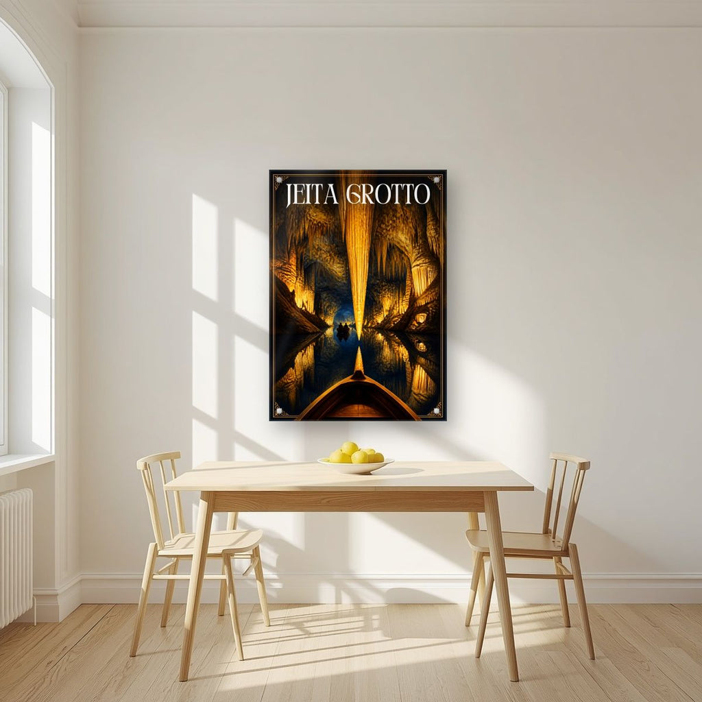 Mirror of the Deep — Jeita Grotto art print, as an acrylic print, styled in a kitchen