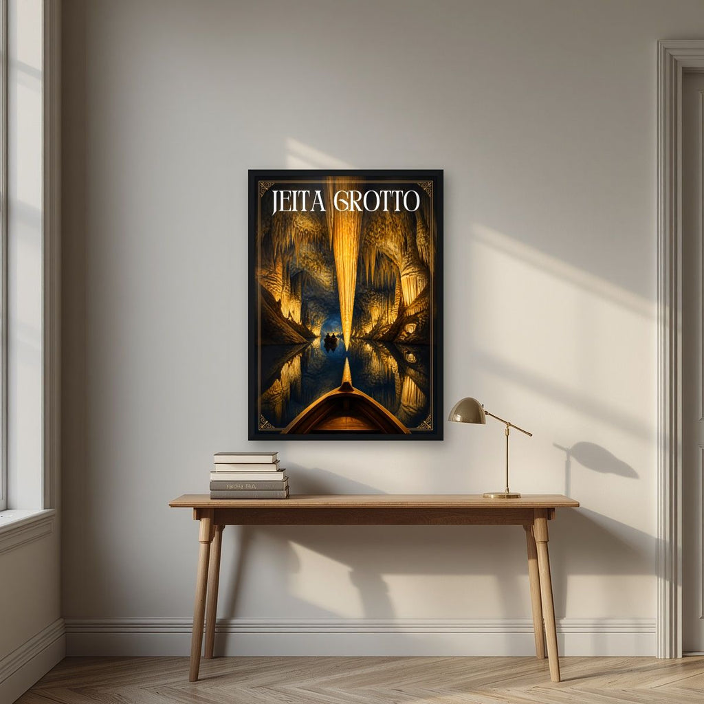 Mirror of the Deep — Jeita Grotto art print, in a black frame, styled in a desk