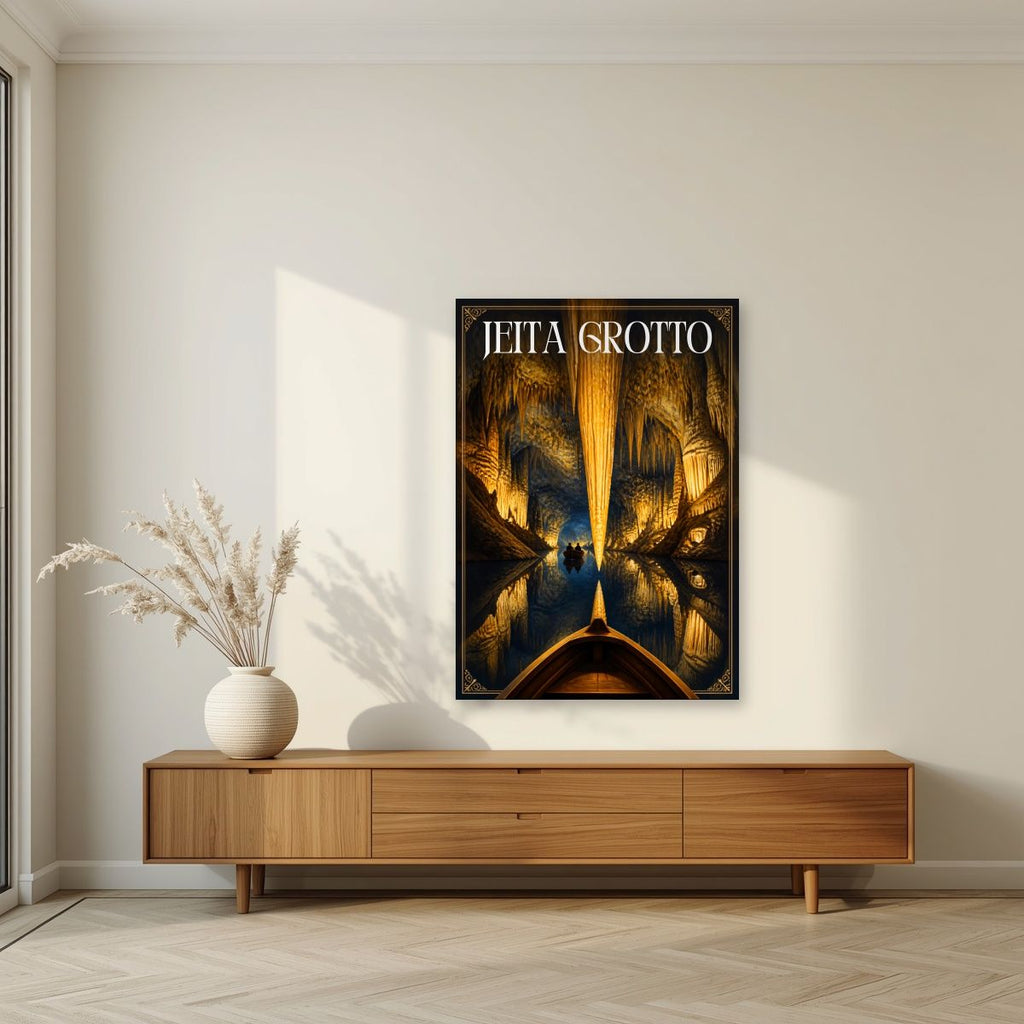 Mirror of the Deep — Jeita Grotto art print, unframed poster, styled in a living room