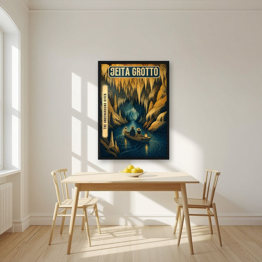 The Underground River — Jeita Grotto art print, in a black frame, styled in a kitchen