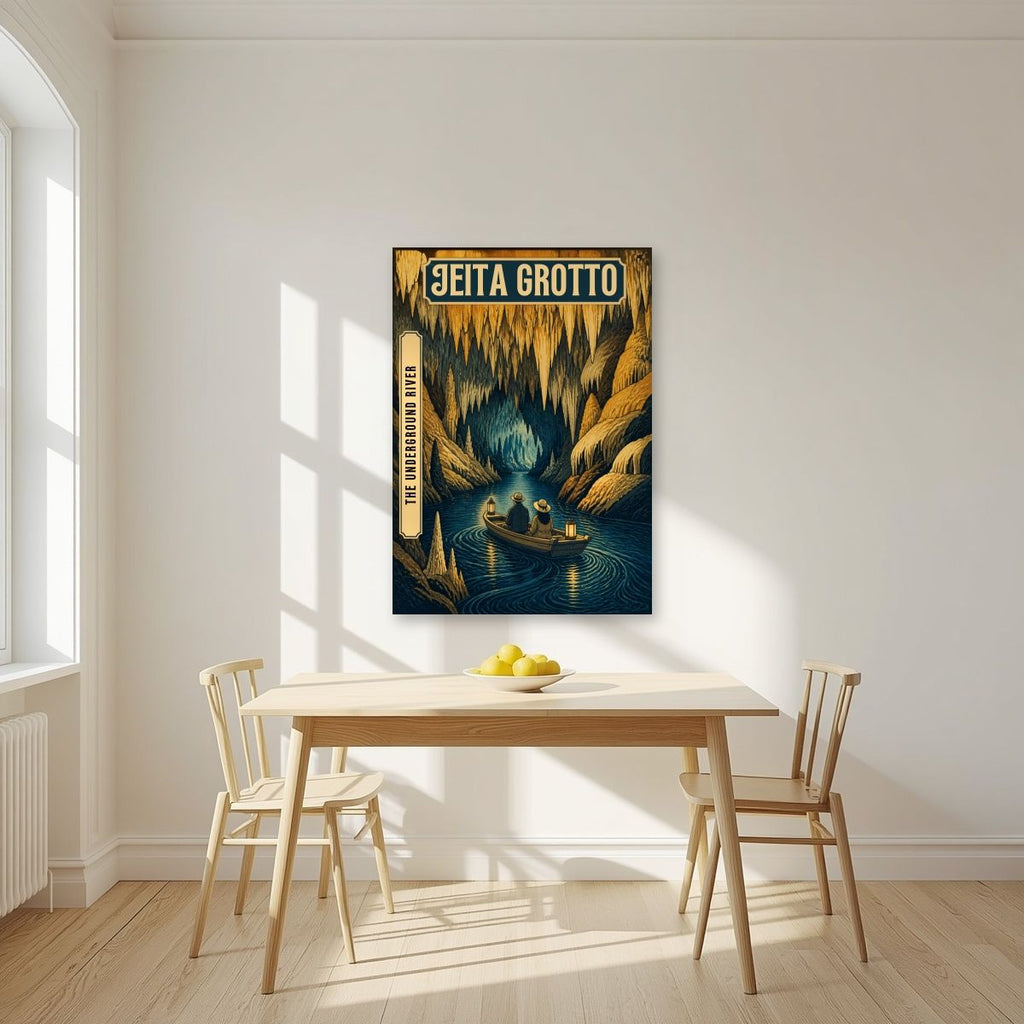 The Underground River — Jeita Grotto art print, unframed poster, styled in a kitchen