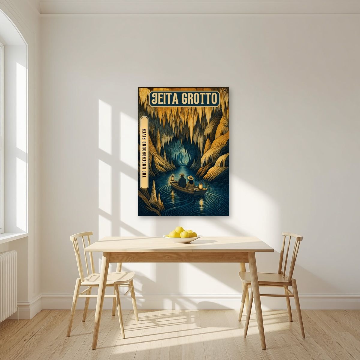 The Underground River — Jeita Grotto art print, unframed poster, styled in a kitchen