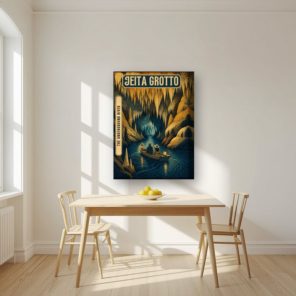 The Underground River — Jeita Grotto art print, on thick canvas, styled in a kitchen