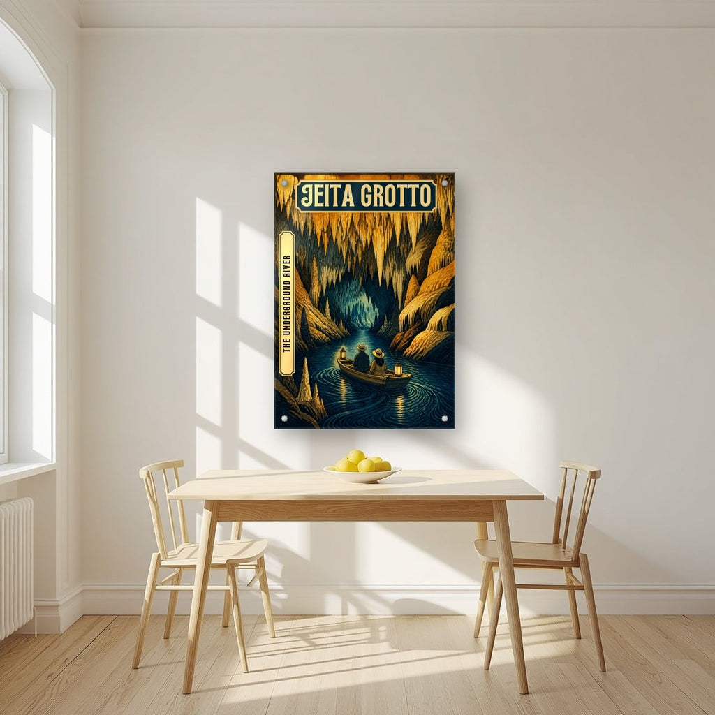 The Underground River — Jeita Grotto art print, as an acrylic print, styled in a kitchen