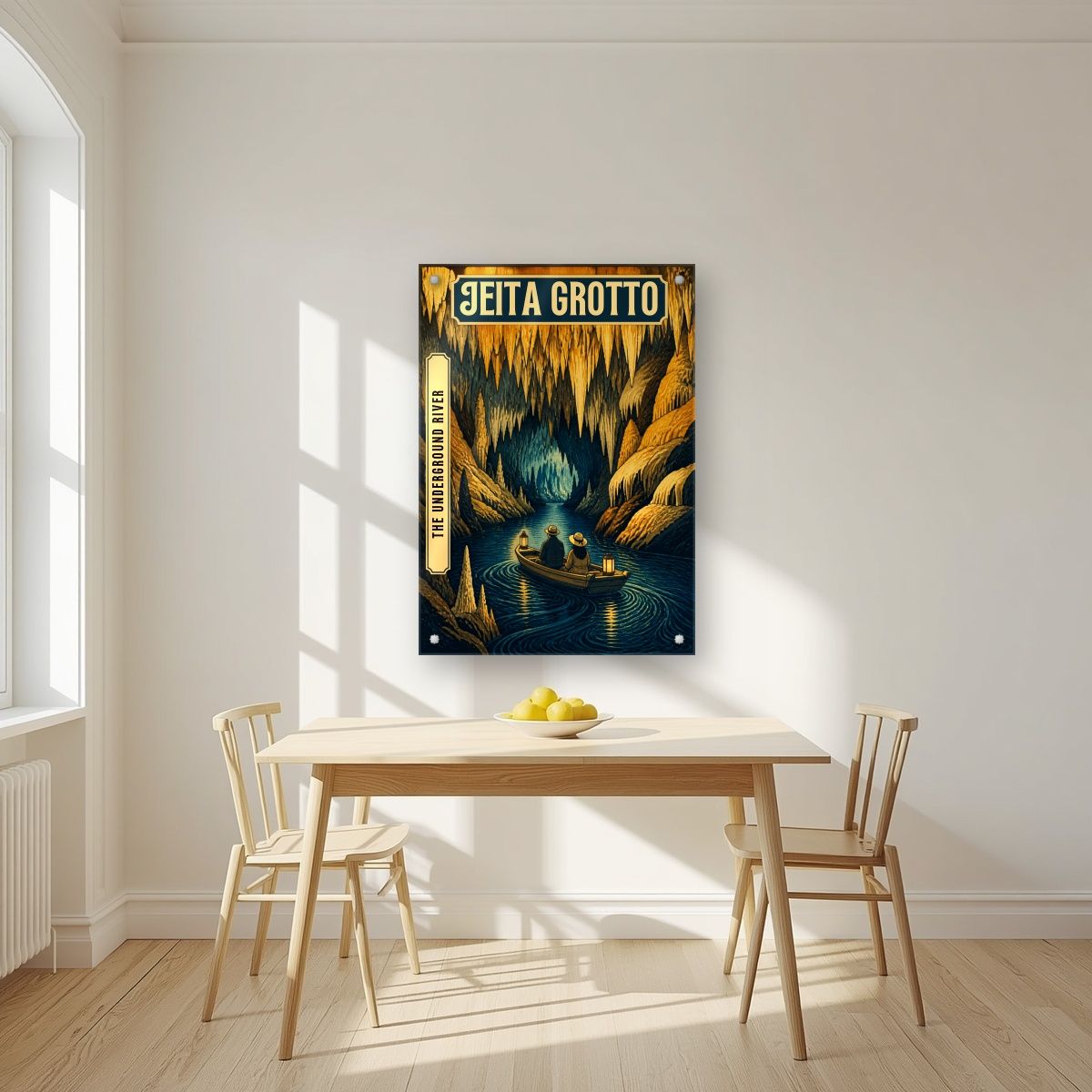 The Underground River — Jeita Grotto art print, as an acrylic print, styled in a kitchen