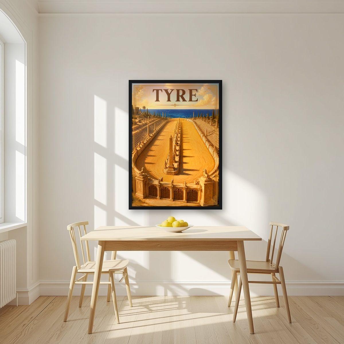 Al-Maydan — Tyre art print, in a black frame, styled in a kitchen