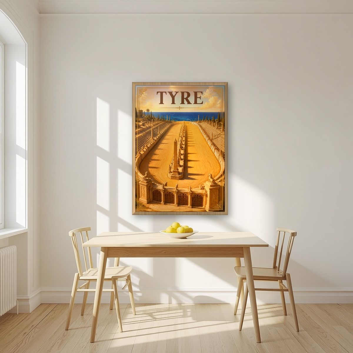 Al-Maydan — Tyre art print, in an oak frame, styled in a kitchen
