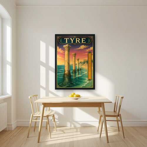 Amidat al-Bahr — Tyre art print, in a black frame, styled in a kitchen