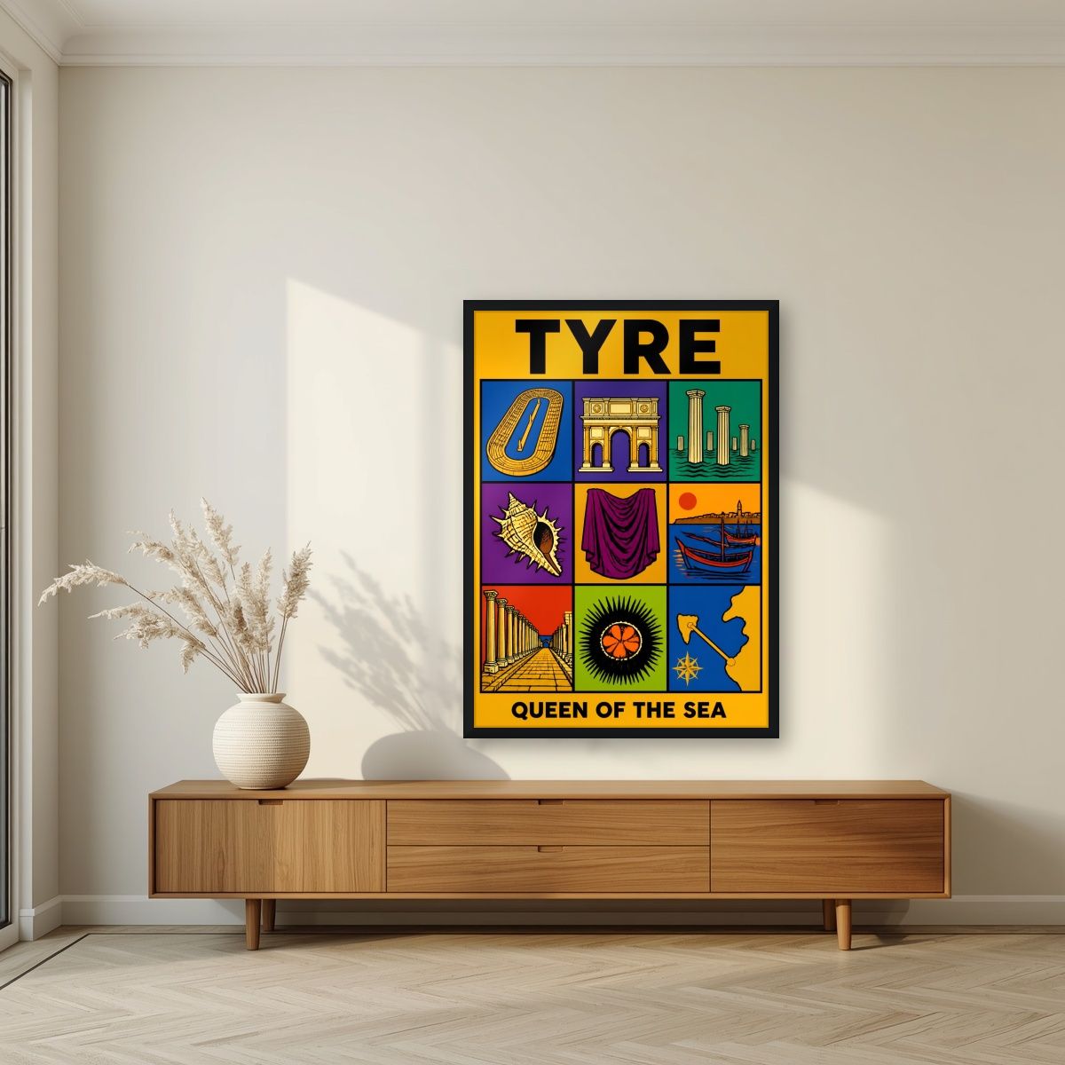 Murex & Purple — Tyre art print, in a black frame, styled in a living room