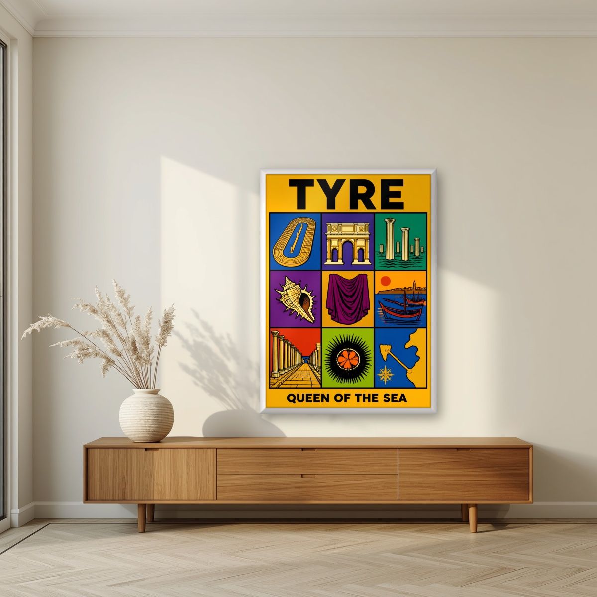 Murex & Purple — Tyre art print, in a white frame, styled in a living room