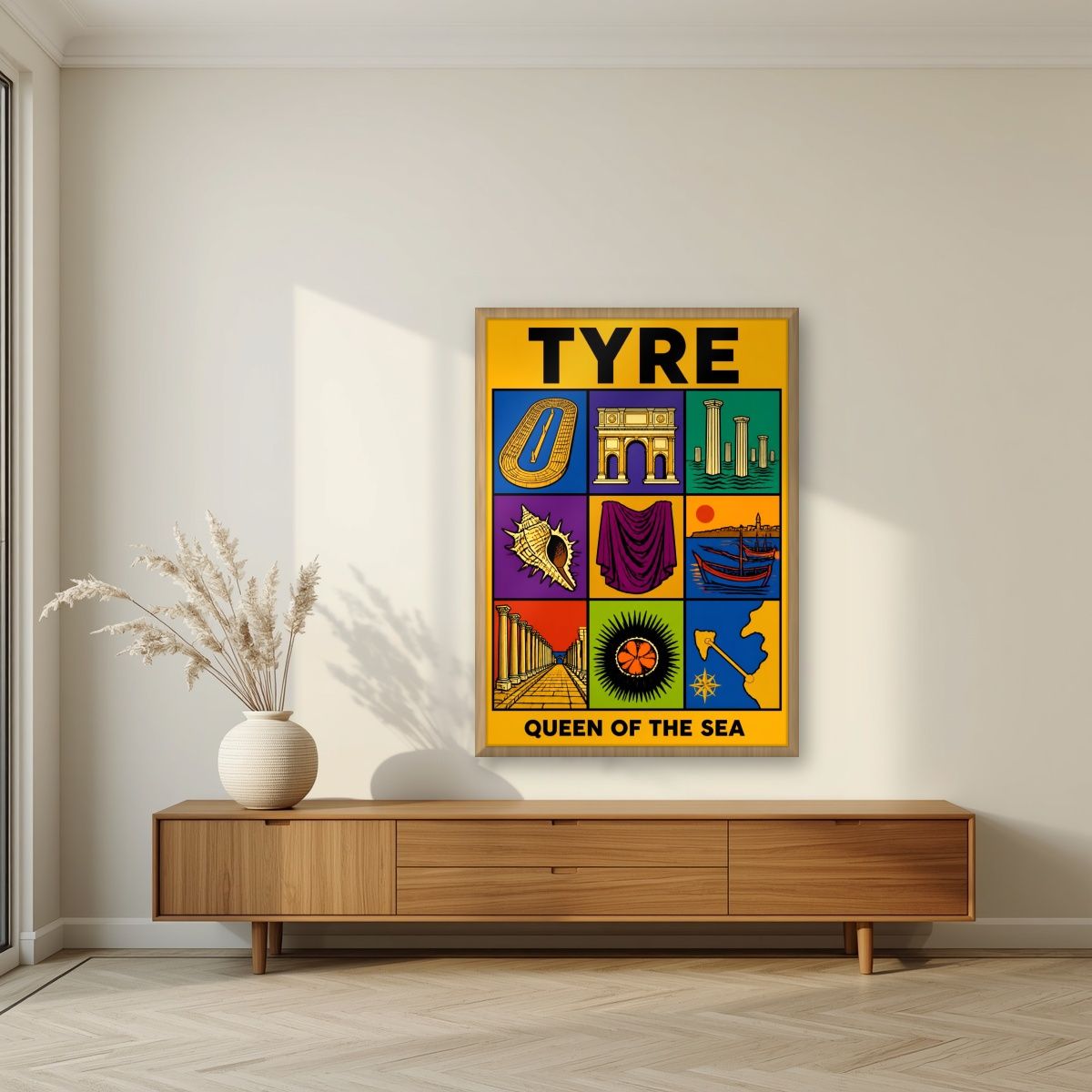 Murex & Purple — Tyre art print, in an oak frame, styled in a living room