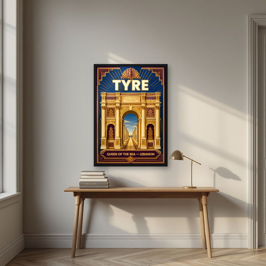 Qaws al-Nasr — Tyre art print, in a black frame, styled in a desk
