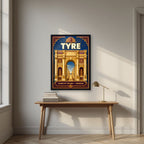Qaws al-Nasr — Tyre art print, in a black frame, styled in a desk