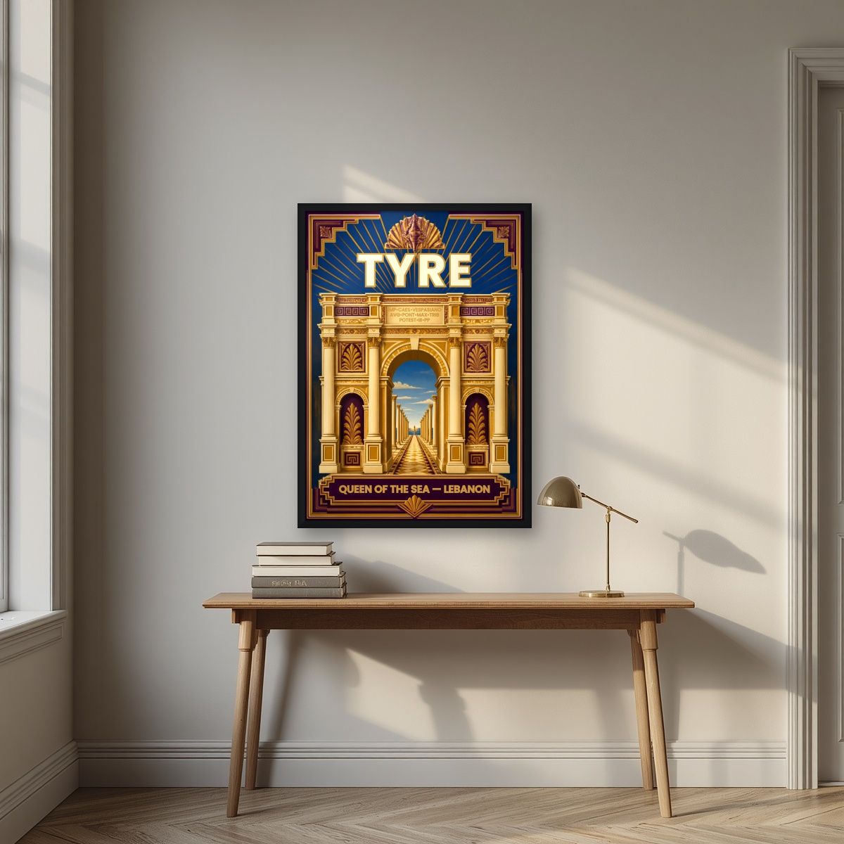 Qaws al-Nasr — Tyre art print, in a black frame, styled in a desk