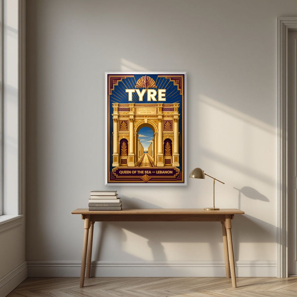 Qaws al-Nasr — Tyre art print, in a white frame, styled in a desk