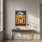 Qaws al-Nasr — Tyre art print, in a white frame, styled in a desk