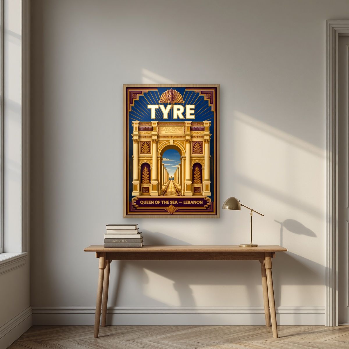 Qaws al-Nasr — Tyre art print, in an oak frame, styled in a desk