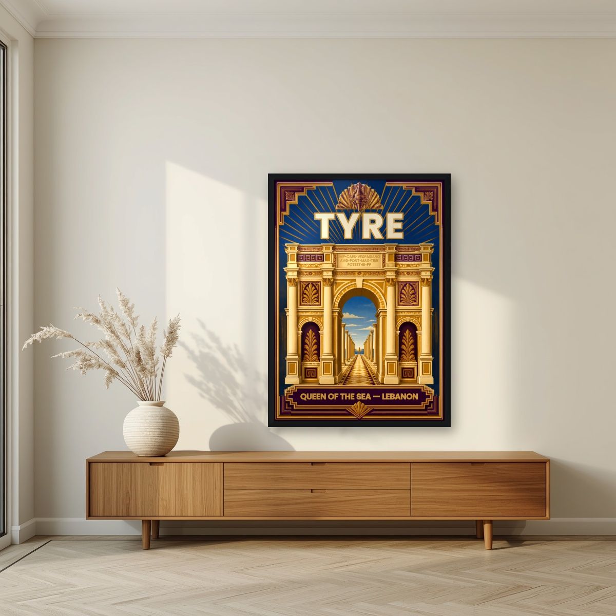 Qaws al-Nasr — Tyre art print, in a black frame, styled in a living room