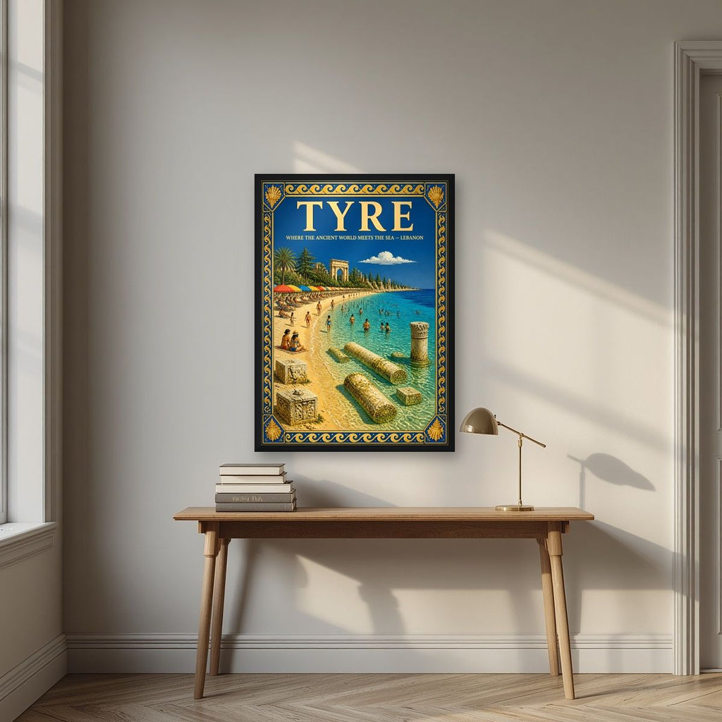 Ruins & Parasols — Tyre art print, in a black frame, styled in a desk