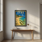 Ruins & Parasols — Tyre art print, in a black frame, styled in a desk