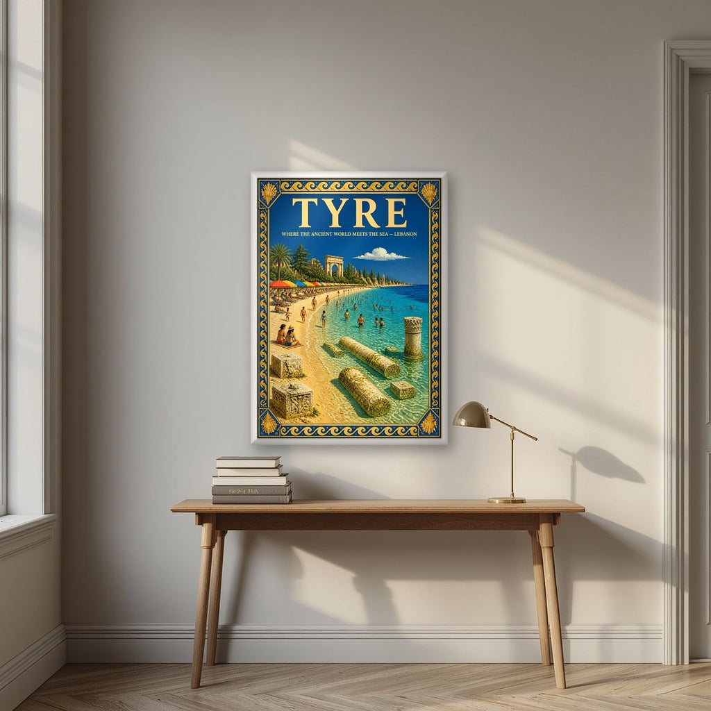 Ruins & Parasols — Tyre art print, in a white frame, styled in a desk