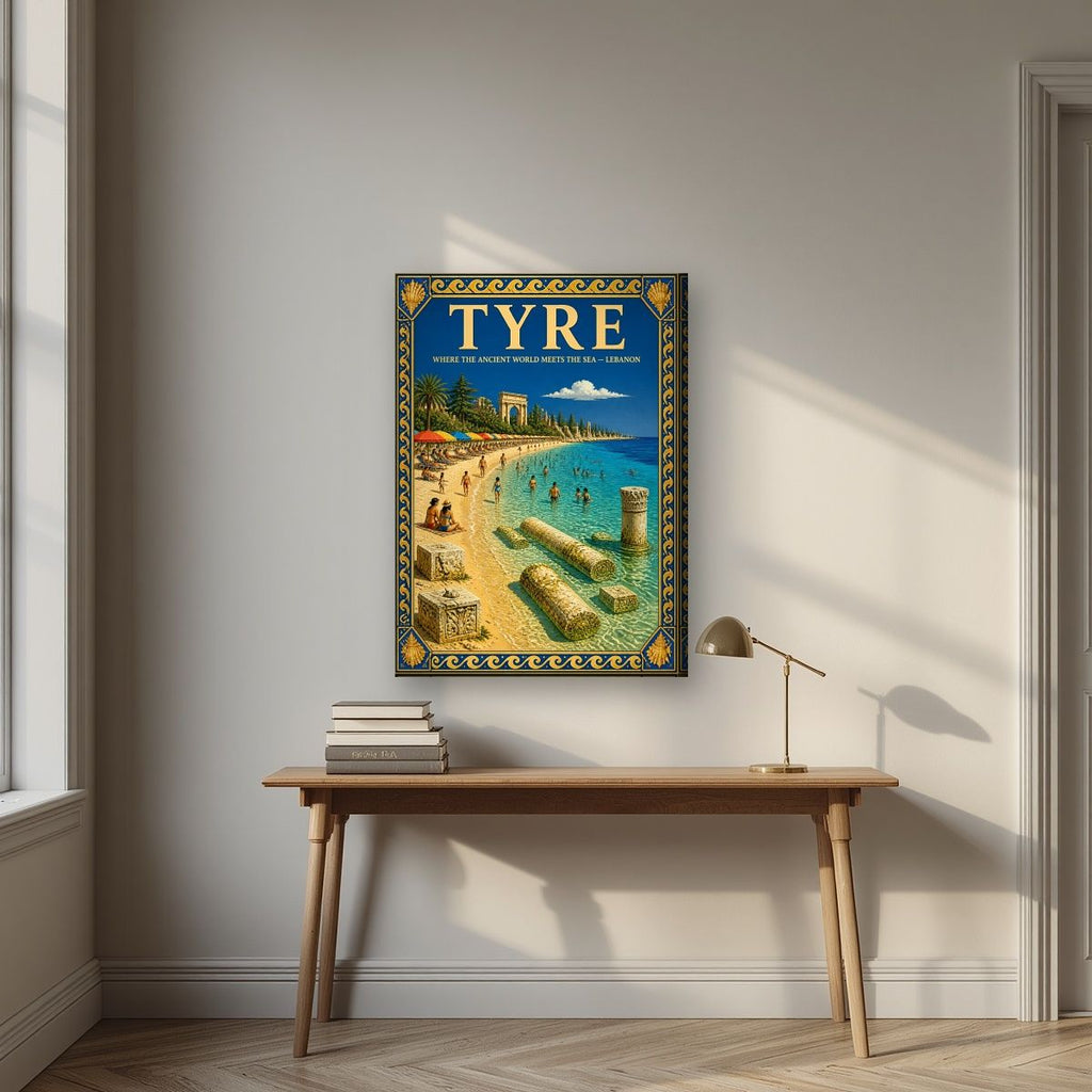 Ruins & Parasols — Tyre art print, on slim canvas, styled in a desk