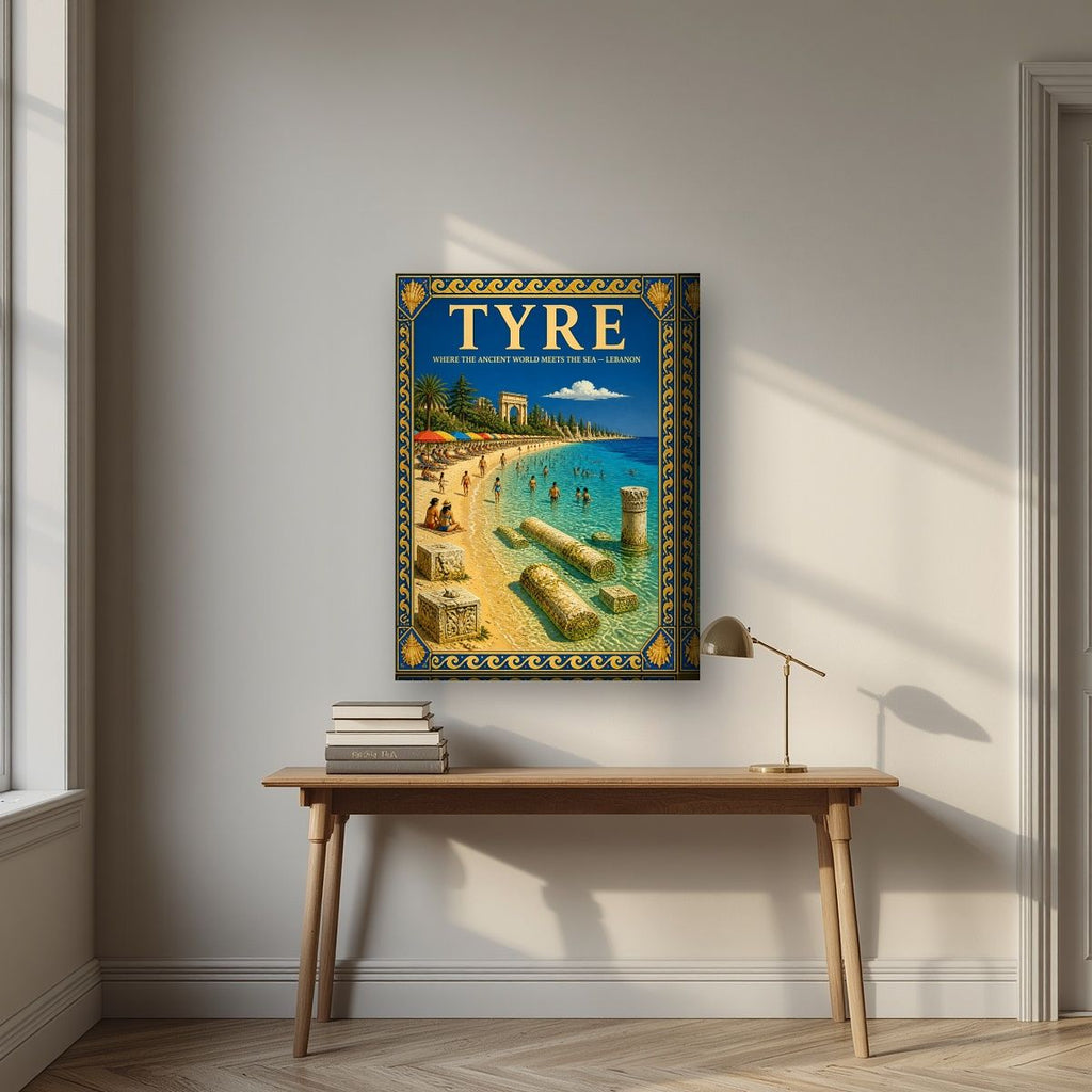 Ruins & Parasols — Tyre art print, on thick canvas, styled in a desk